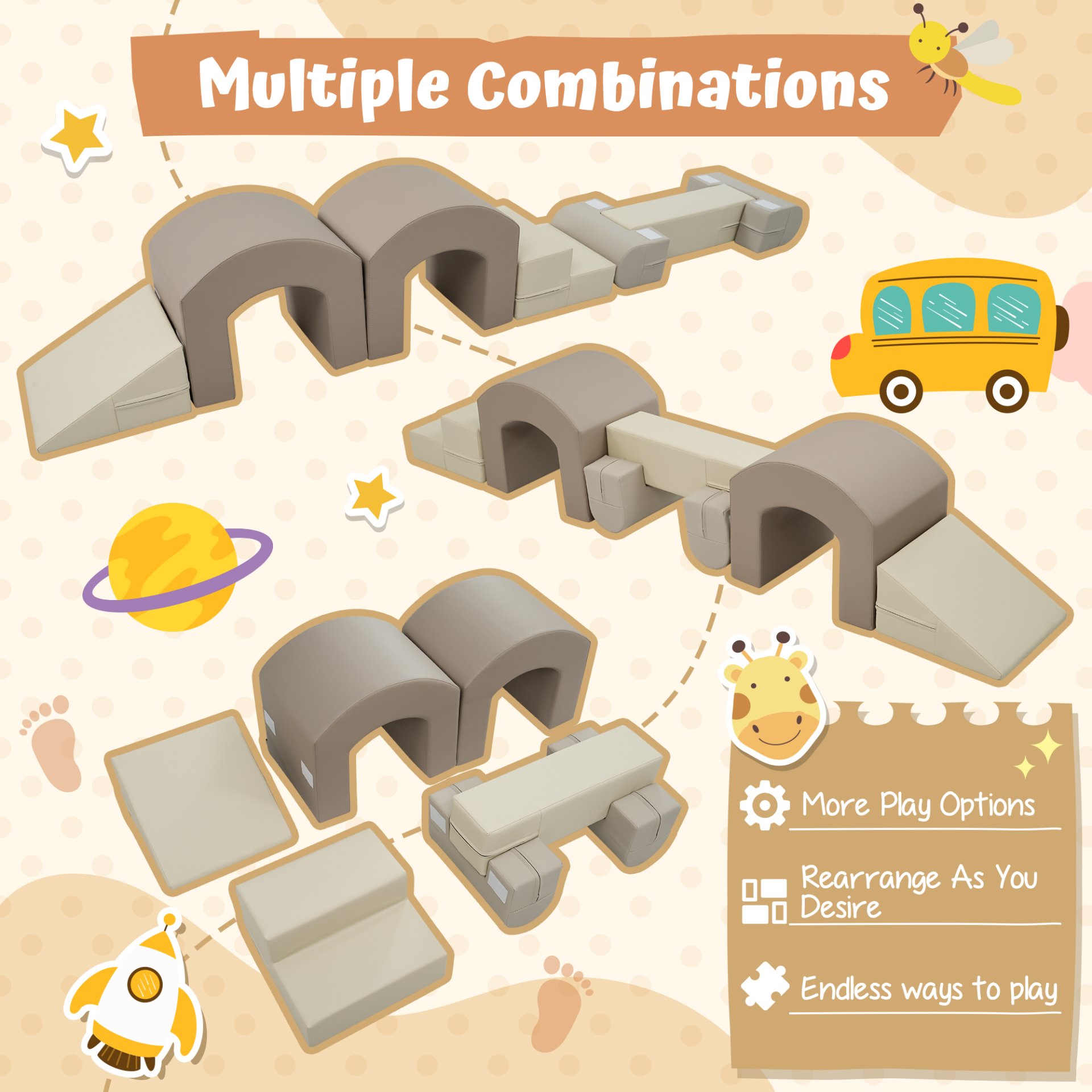 Indoor Soft Foam Climber Play Sets 7 In 1, Soft Play Equipment Climb And Crawl Playground For Toddlers, Kids Crawling And Climbing Active Play Structure - Coffee - Image 5