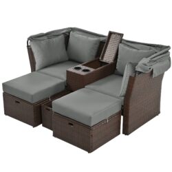 2 Seater Outdoor Patio Daybed Outdoor Double Daybed Outdoor Loveseat Sofa Set With Foldable Awning And Cushions For Garden, Balcony, Poolside - Gray