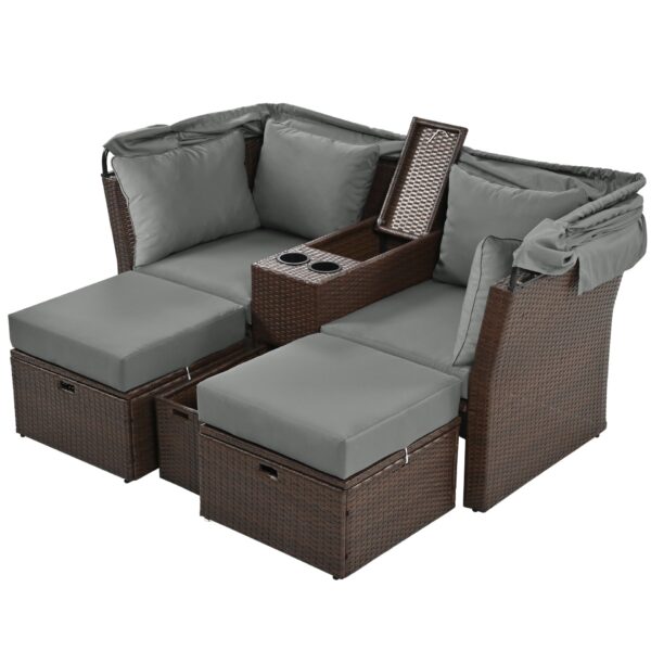 2 Seater Outdoor Patio Daybed Outdoor Double Daybed Outdoor Loveseat Sofa Set With Foldable Awning And Cushions For Garden, Balcony, Poolside - Gray