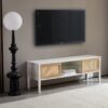 Rattan TV Cabinet With Variable Color Light Strip, Double Sliding Doors For Storage, Adjustable Shelf, Metal Legs, TV Console For Living Room - White - Image 5