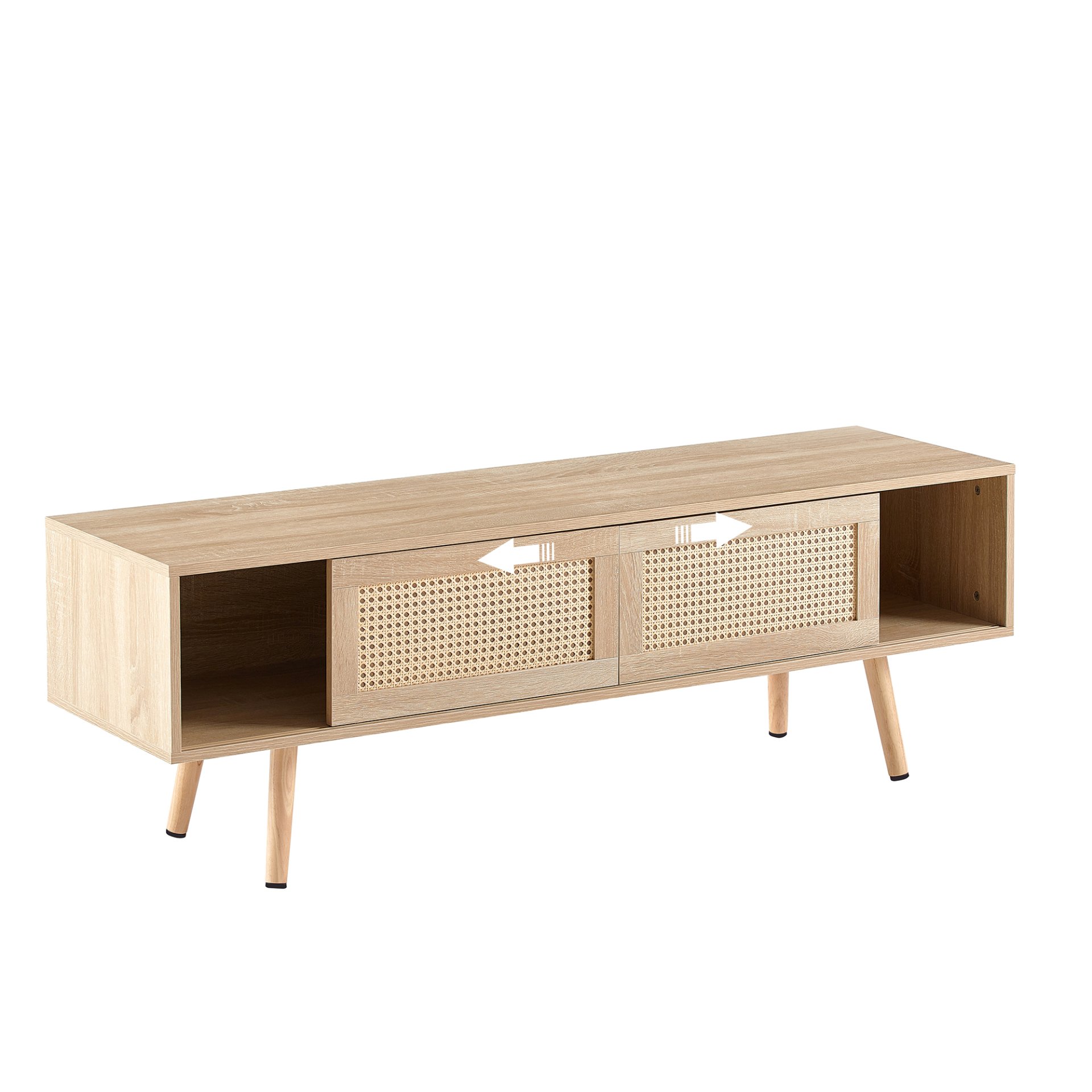 55.12" Rattan TV Cabinet, Double Sliding Doors For Storage, Adjustable Shelf, Solid Wood Legs, TV Console For Living Room - Natural - Image 12