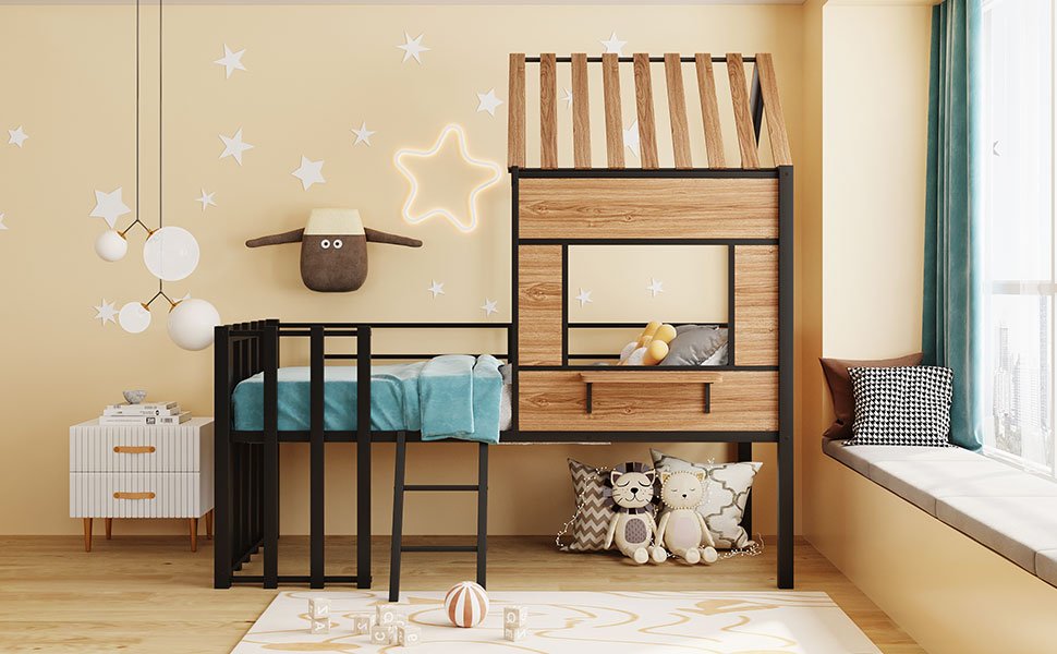 Twin Size Loft Bed With Roof, Window, Guardrail, Ladder - Black - Image 10