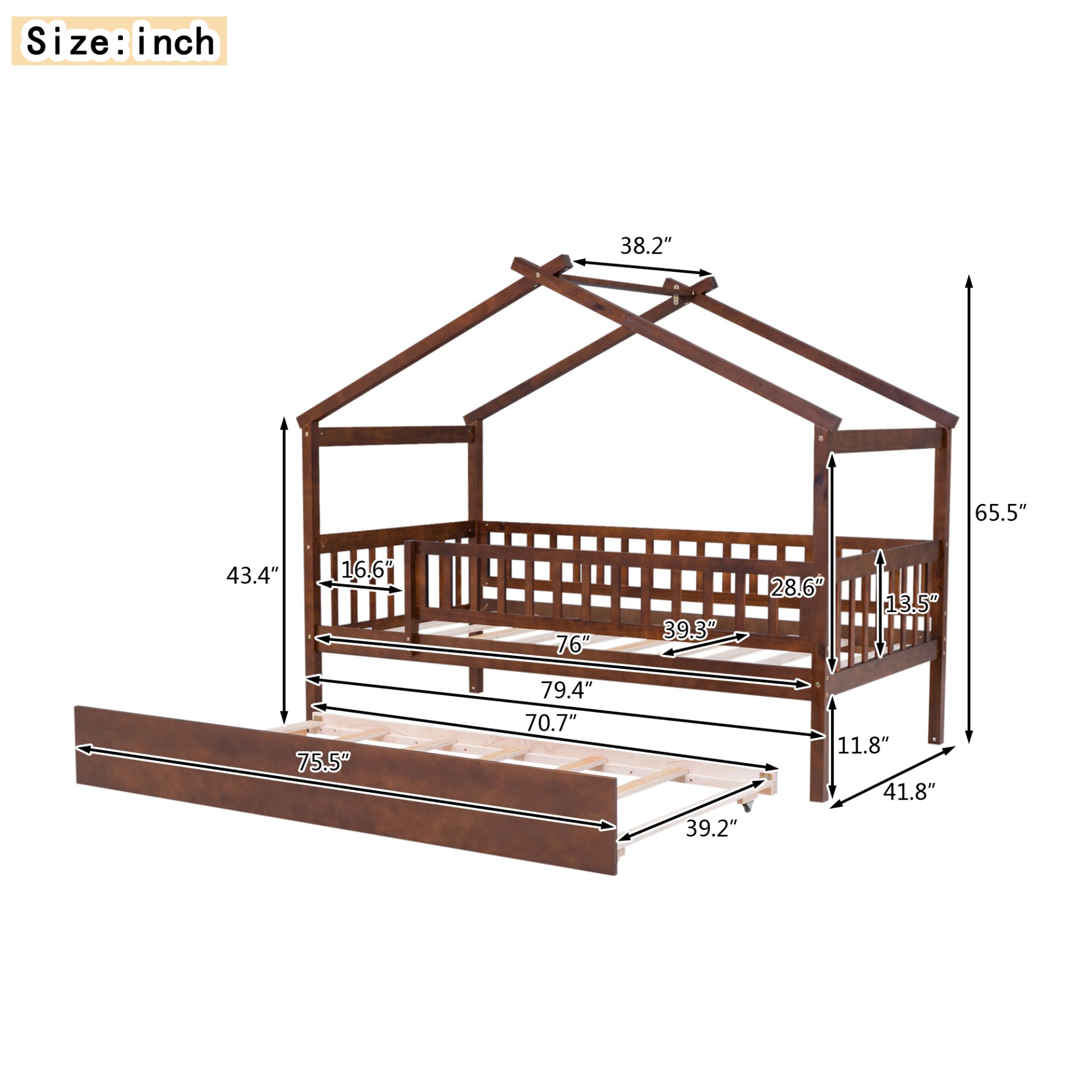 Twin Size House Bed & Twin Size Trundle - Walnut - Image 18