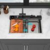 30" Kitchen Sink Waterfall Single Bowl Ledge Workstation With Smart LED Faucet, 16 Gauge T304 - Brushed Nickel - Image 2