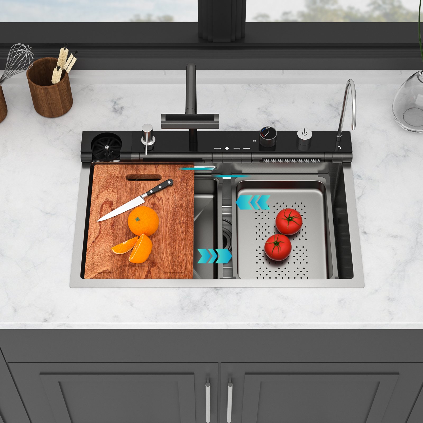 30" Kitchen Sink Waterfall Single Bowl Ledge Workstation With Smart LED Faucet, 16 Gauge T304 - Brushed Nickel - Image 2