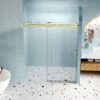 Frameless Soft Closing Single Sliding Shower Door, 1 / 4" (6Mm) Tempered Glass With Explosion Proof Coating Via Express Delivery - Gold - Image 8