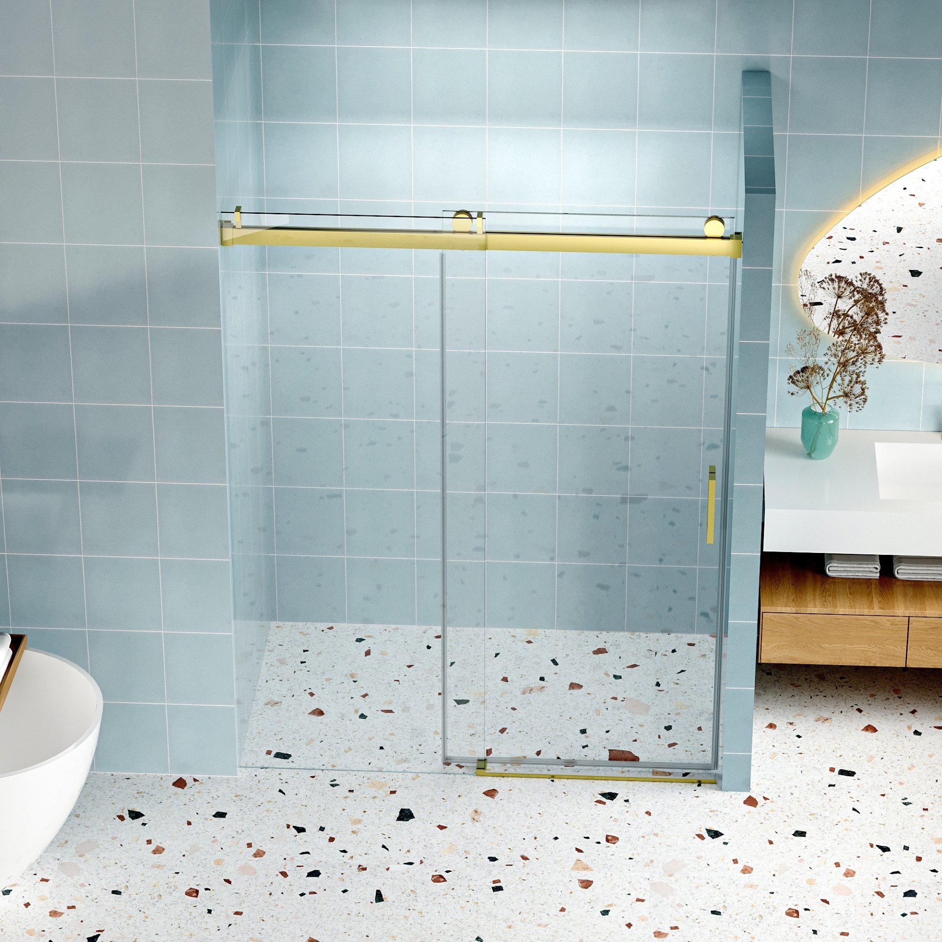 Frameless Soft Closing Single Sliding Shower Door, 1 / 4" (6Mm) Tempered Glass With Explosion Proof Coating Via Express Delivery - Gold - Image 8
