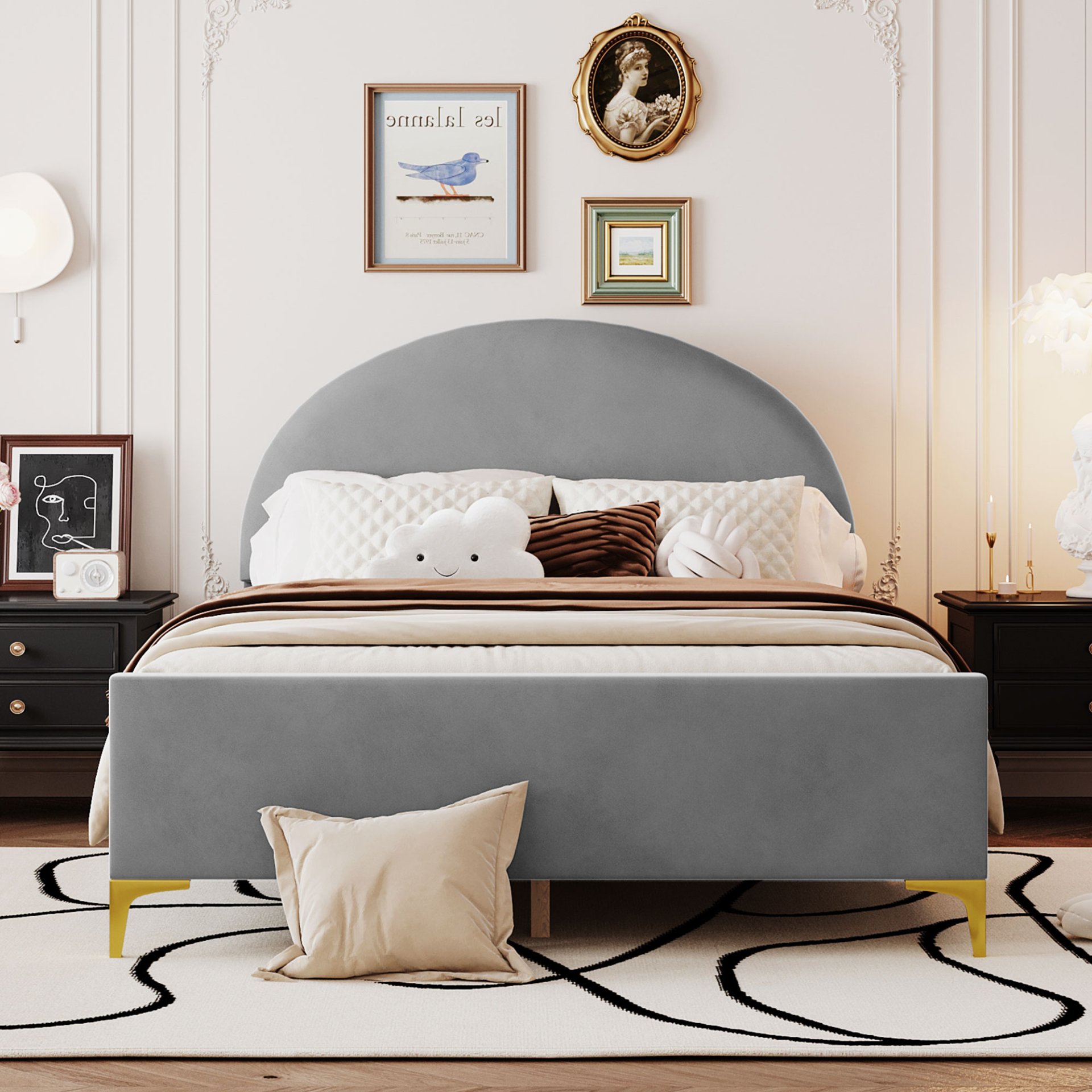 Full Size Upholstered Platform Bed With Classic Semi-Circle Shaped Headboard And Mental Legs - Gray - Image 2