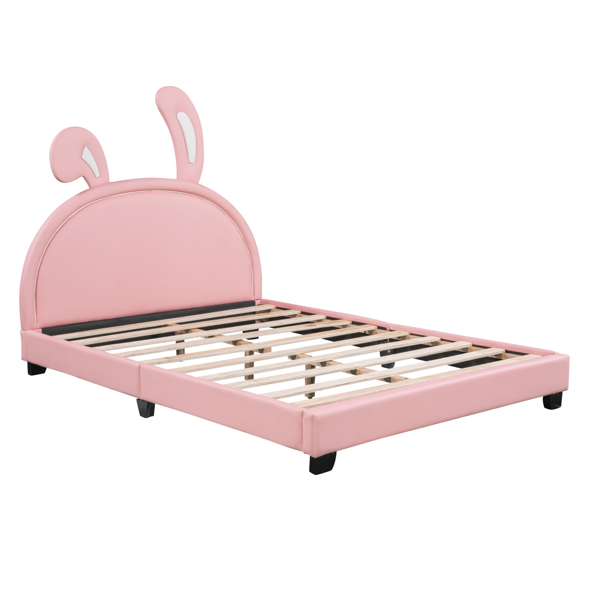 Full Size Upholstered Leather Platform Bed With Rabbit Ornament, Pink - Image 3