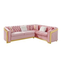 Shaped Chesterfield Sectional Sofa Set With Stainless Steel Accents Velvet Button Tufted Sofa With 5 Pillows Luxury Couch For Living Room - Pink