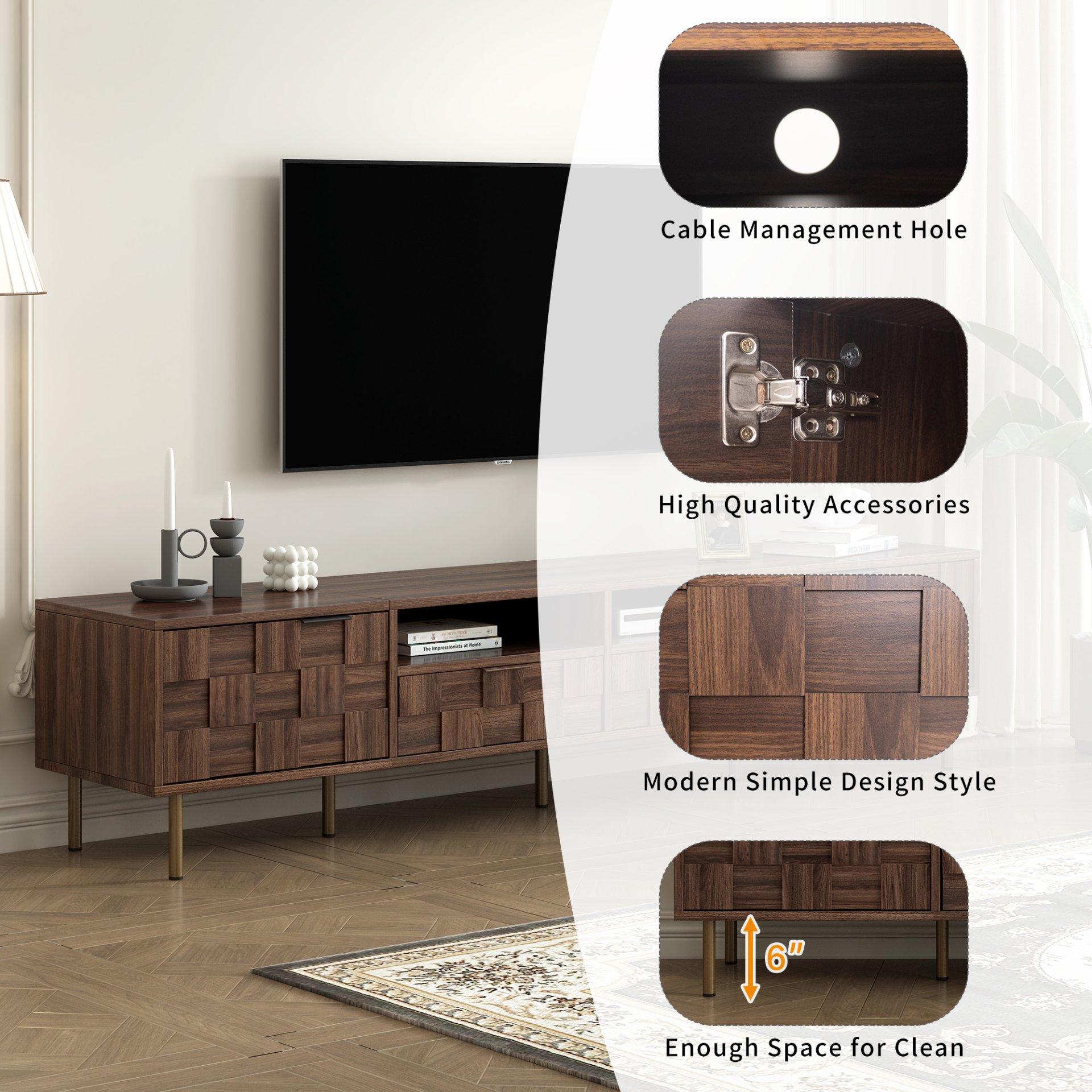 Mid Century TV Stand With 2 Drawers, Media Console Table For Tvs Up To 85'', Entertainment Center With Storage For Living Room - Dark Brown - Image 8