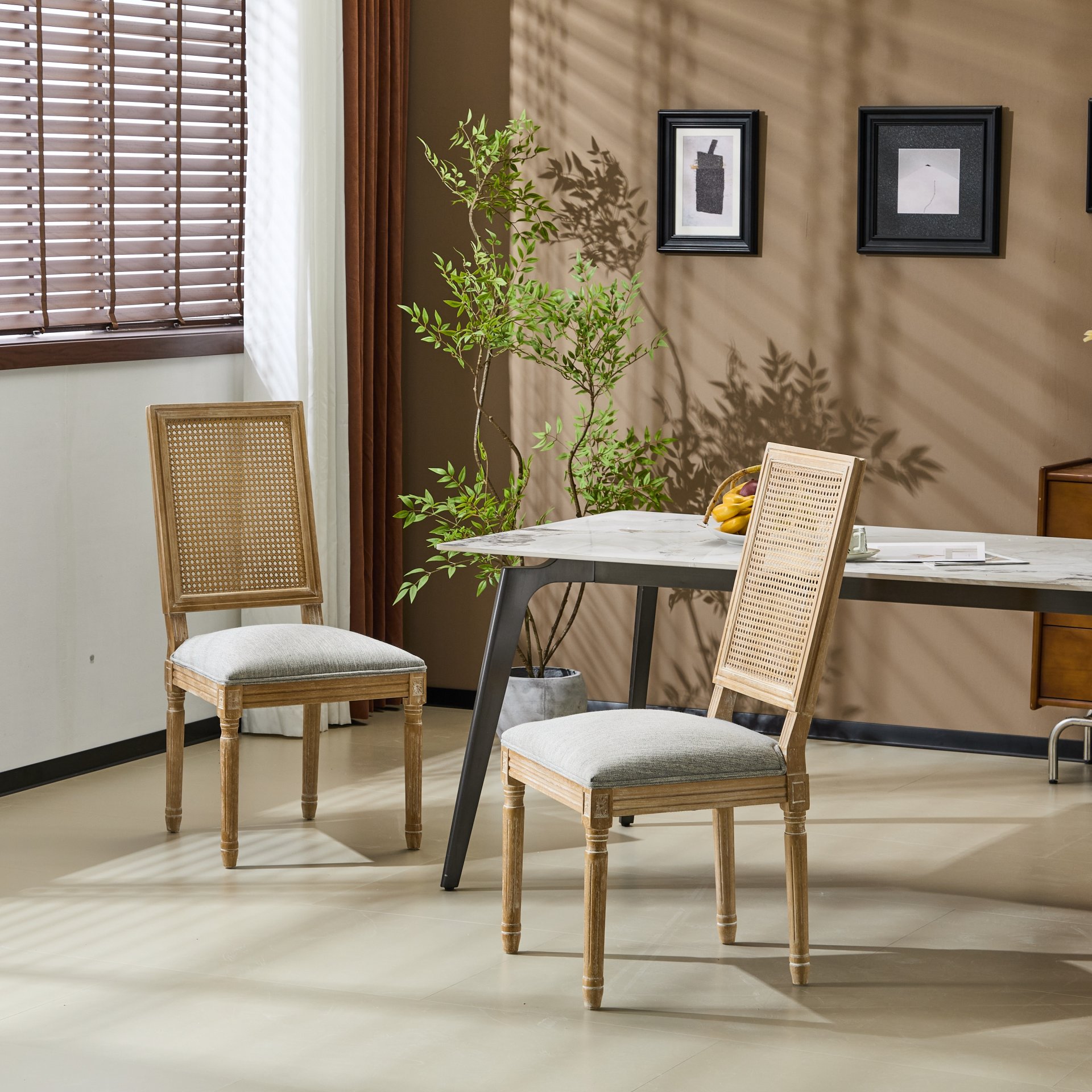 Vintage Inspired French Country Dining Chairs Set Elegant Cane Backrest & Upholstered Seats Rustic Weathered Solid Rubberwood Frame - Grayish Green - Image 4