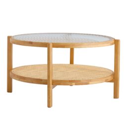 Modern Style Circular Double Layer Tea Table With Rattan Weave - Natural Wood
