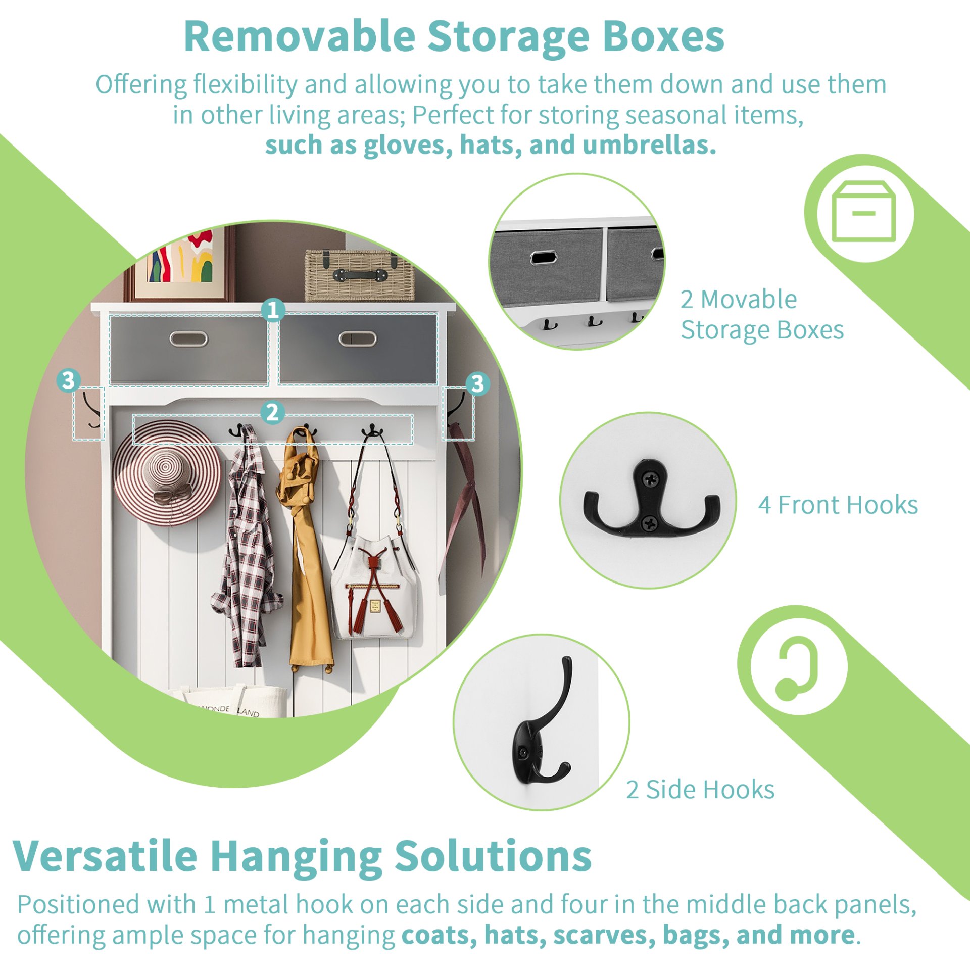 Hall Tree With 6 Hooks And Hinged Lid, Coat Hanger, Entryway Bench, Storage Bench, 3 In 1 Design, For Entrance, Hallway - White - Image 5