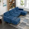 Elegant Convertible L - Shape Sectional Sofa Couch With Movable Ottoman, Velvet Upholstery - Blue - Image 10