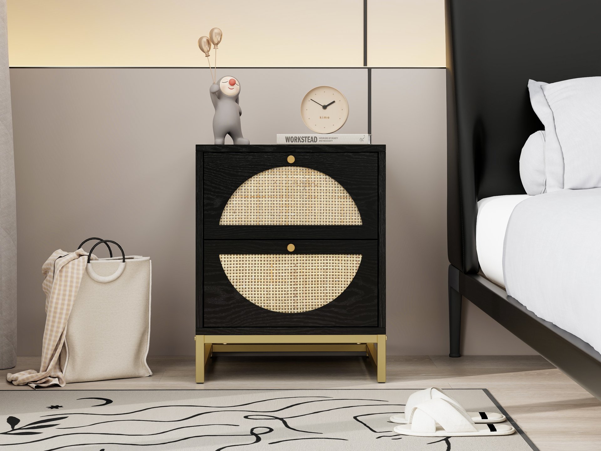 Allen - 2 Drawer Side Table, Display Rack For Bedroom And Living Room, Nightstand Side Table Bedroom Storage Drawer Bedside End Table - Black / Beige - Image 2