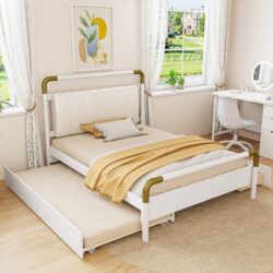 Queen Size Storage Platform Bed, With 2 Big Drawers, Twin Long Size Trundle - White
