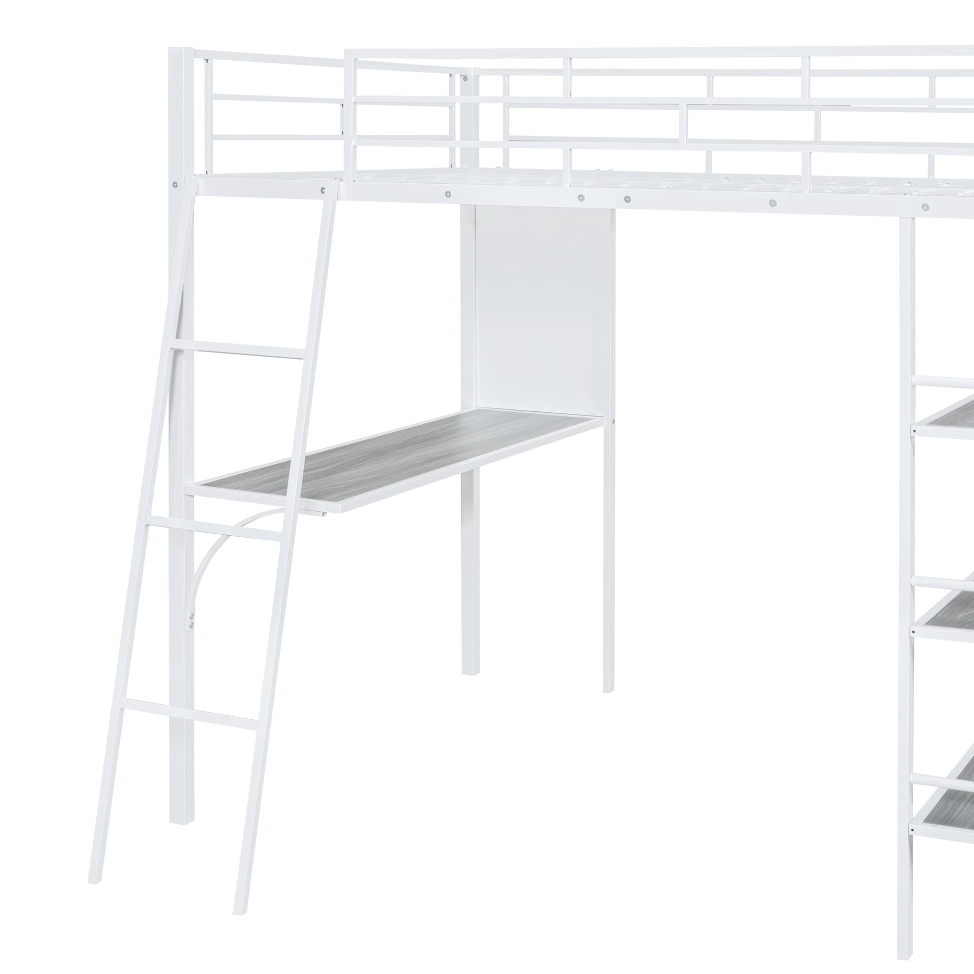 Full Size Loft Bed With 3 Layers Of Shelves And Desk, Stylish Frame Bed - White - Image 6
