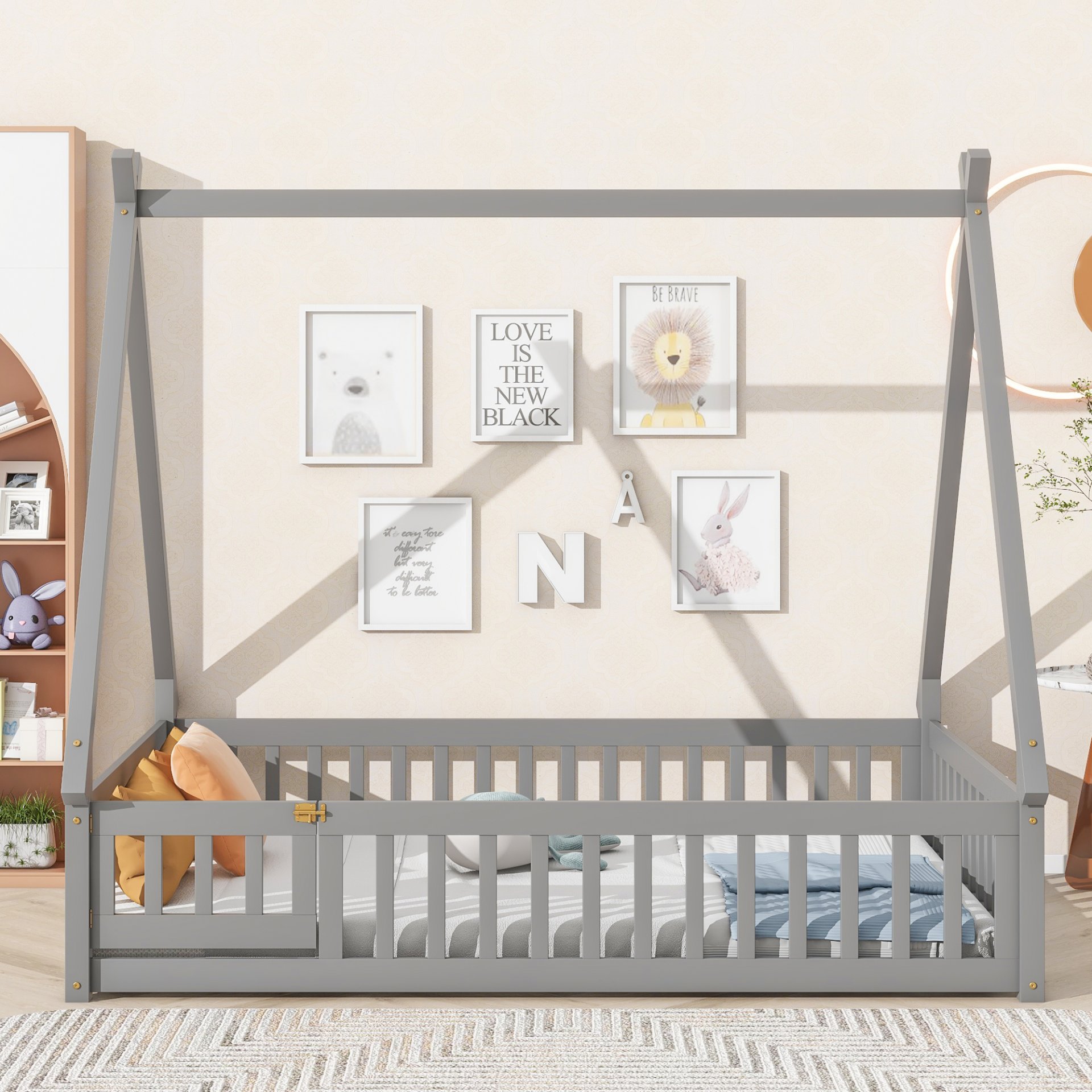 Full Tent-Shaped Floor Bed, With Guardrails, Slats, Door - Gray - Image 2