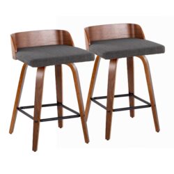 Maya - Mid-Century Modern Fixed Height Counter Stool With Swivel And Square Footrest (Set of 2) - Walnut / Charcoal