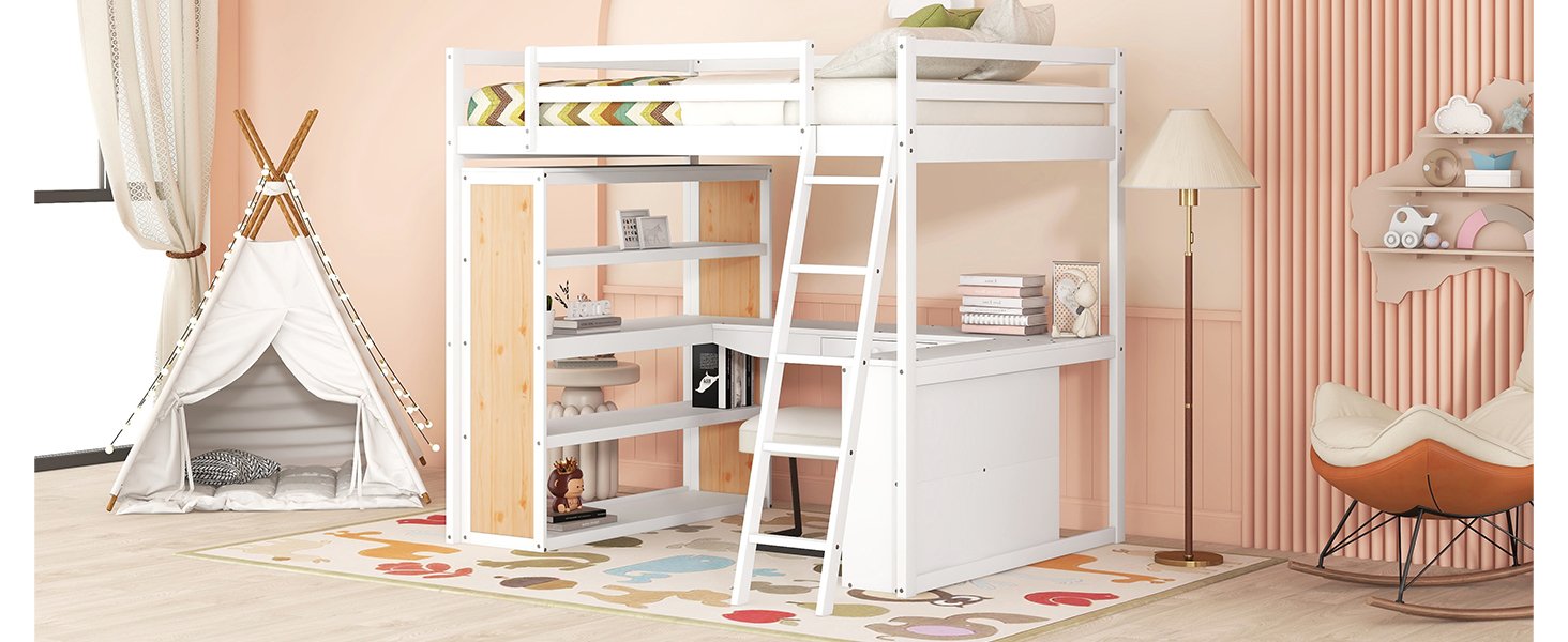 Full Size Loft Bed With Ladder, Shelves, And Desk - White - Image 14