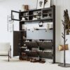 Multifunctional Tipping Bucket Shoe Cabinet With Storage Shelf & 6 Flip Drawers, Large Hall Tree With Tempered Glass Doors, Foyer Cabinet With 4 Hooks For Hallway - Black - Image 2