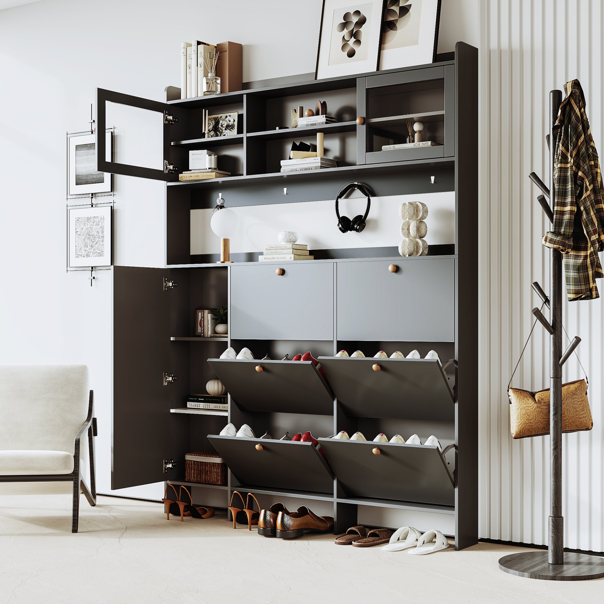 Multifunctional Tipping Bucket Shoe Cabinet With Storage Shelf & 6 Flip Drawers, Large Hall Tree With Tempered Glass Doors, Foyer Cabinet With 4 Hooks For Hallway - Black - Image 2