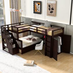 Twin Twin Over Full L Shaped Bunk Bed With 3 Drawers, Portable Desk And Wardrobe - Espresso