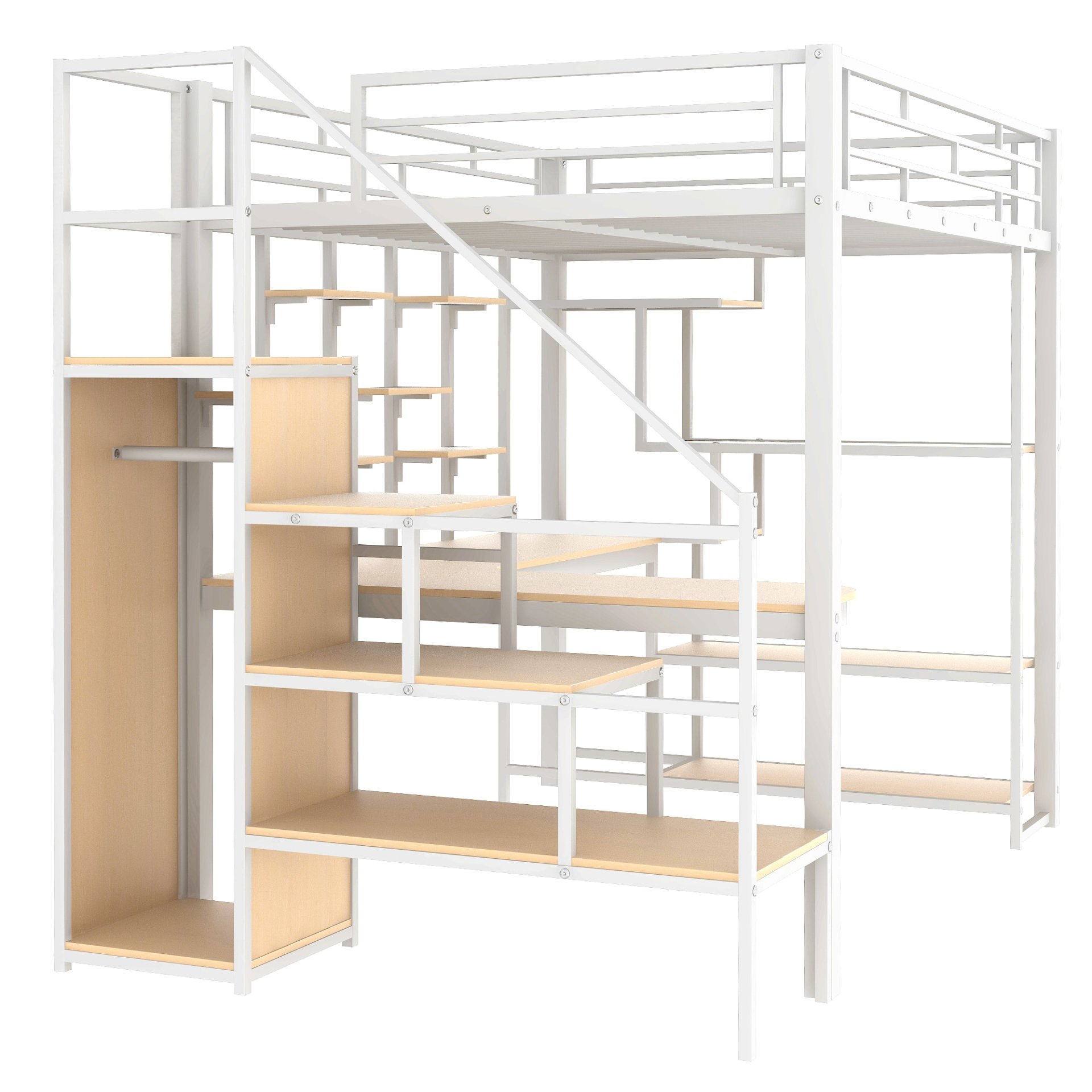 Full Size Metal Loft Bed With Storage Staircase And Small Wardrobe, Built - In Desk And Storage Shelves - White - Image 7