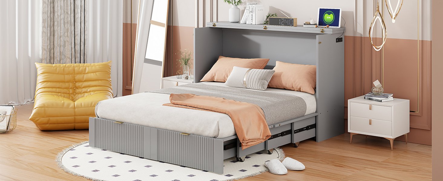 Full Size Murphy Bed With Drawer And A Set Of Sockets & USB Ports, Pulley Structure Design - Gray - Image 21