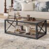 Industrial Style Coffee Table For Bedroom & Living Room With Tempered Glass & Wood Grain - Wood - Image 2