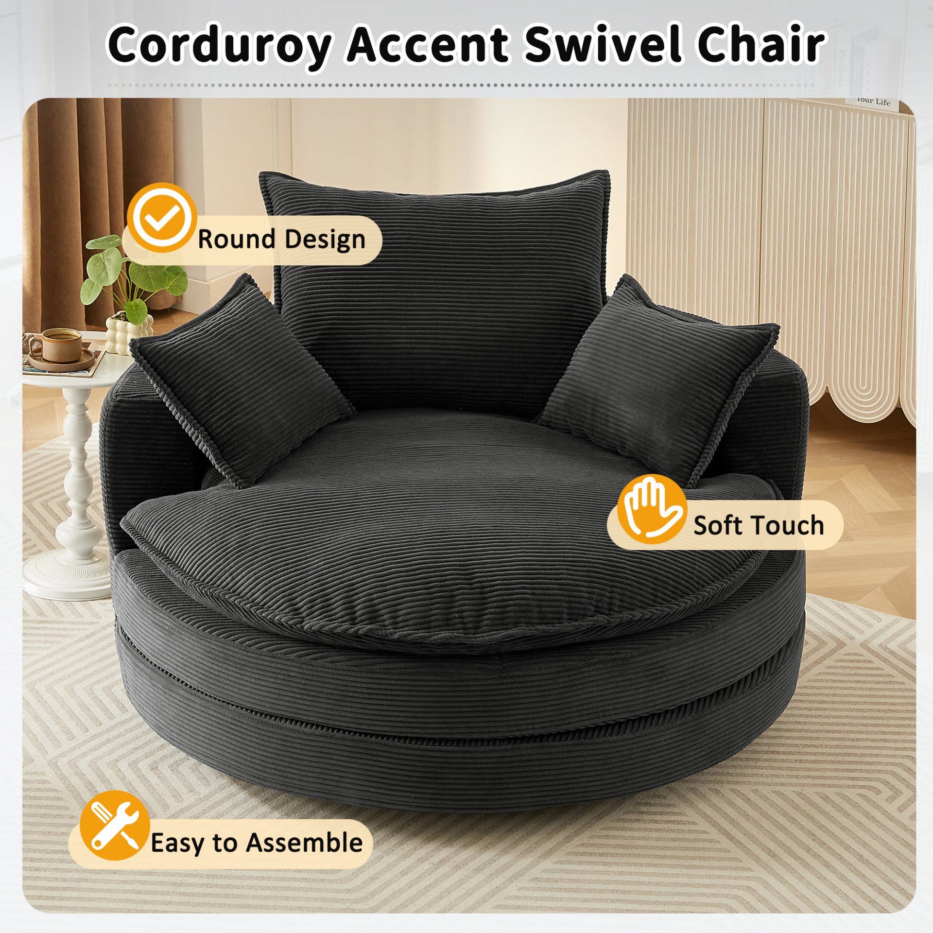 Modern 360° Swivel Sofa Chair With Dual Layer Cushion And Removable Pillows Corduroy - Black - Image 7