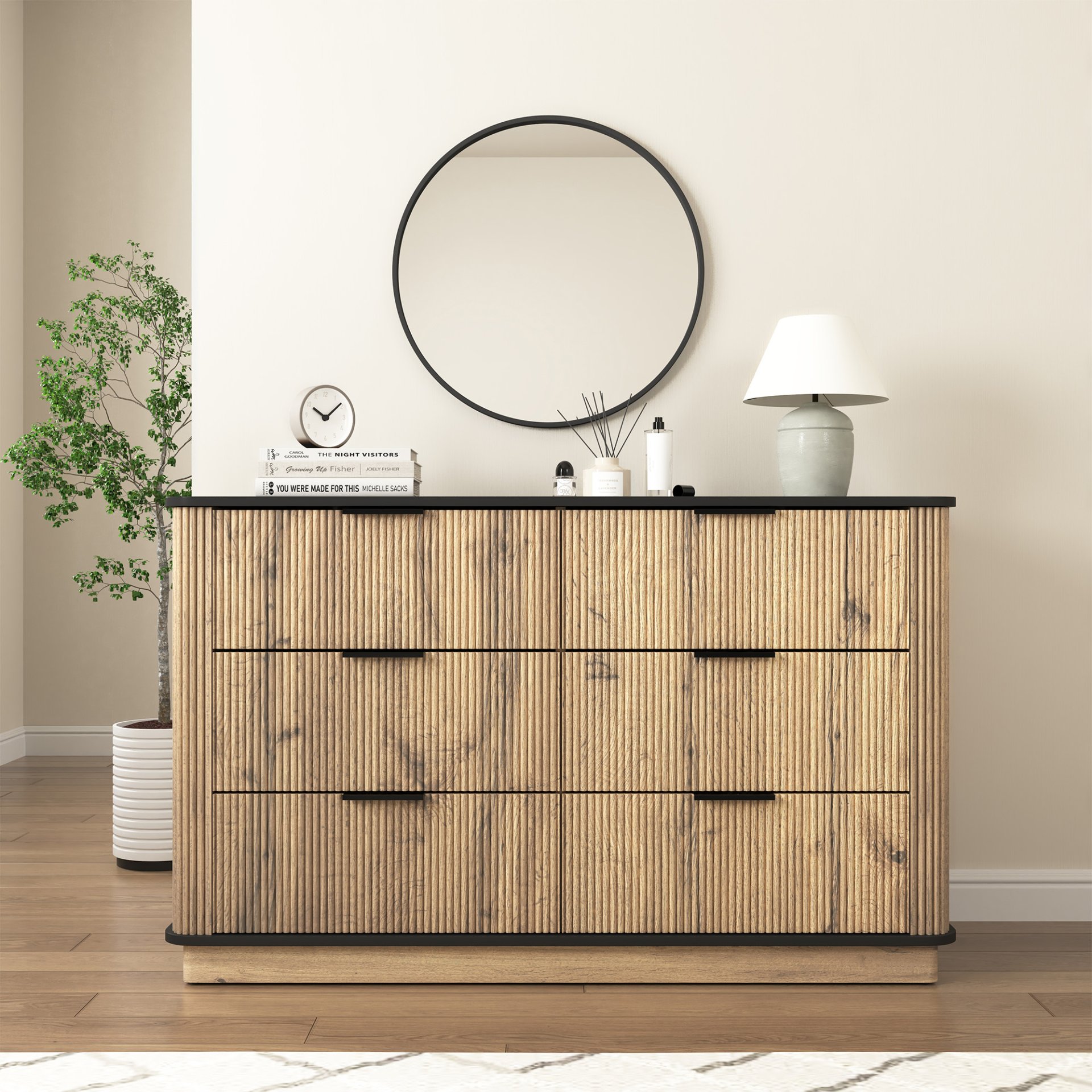 Modern 6 Drawer Cabinet With Metal Rounded Corners And Exquisite Handles Multi Functional Storage - Natural Wood - Image 6