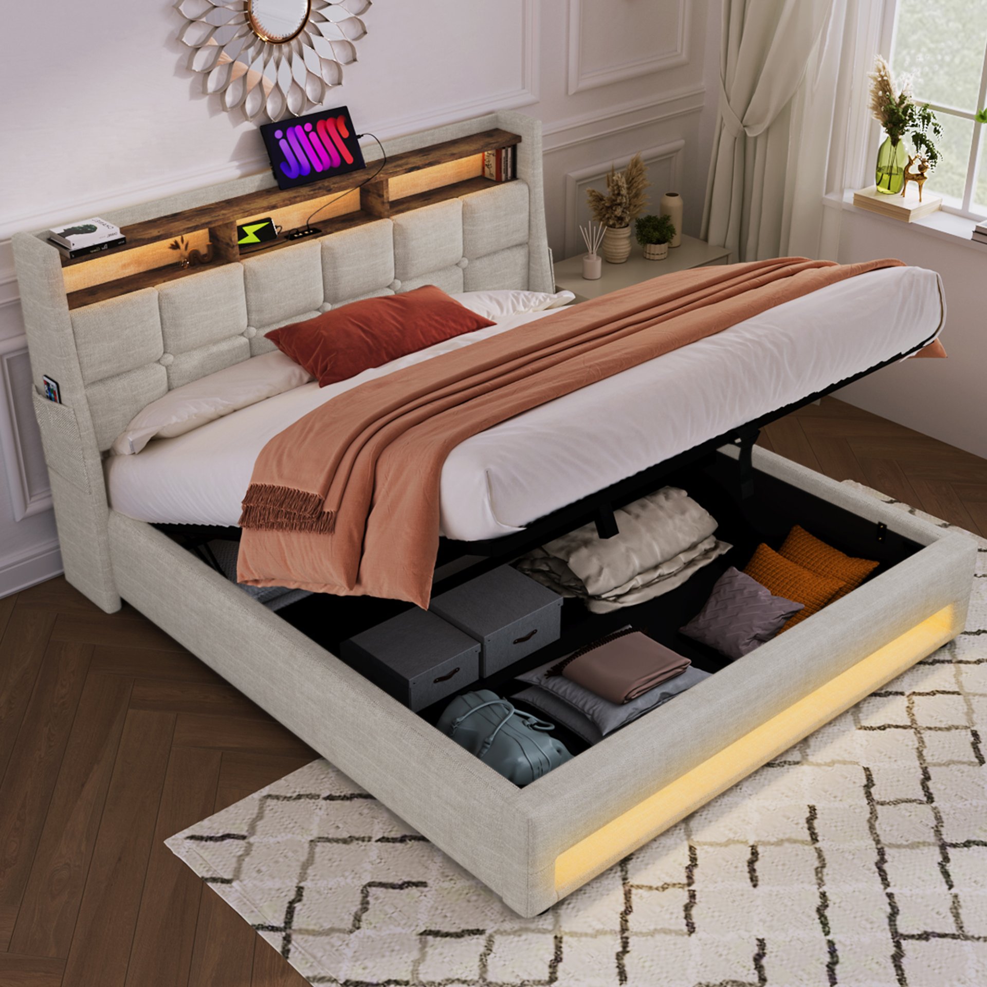 Full Size Upholstered Platform Bed With A Hydraulic Storage System, LED And USB Charging (Without Mattress) - Natural - Image 14