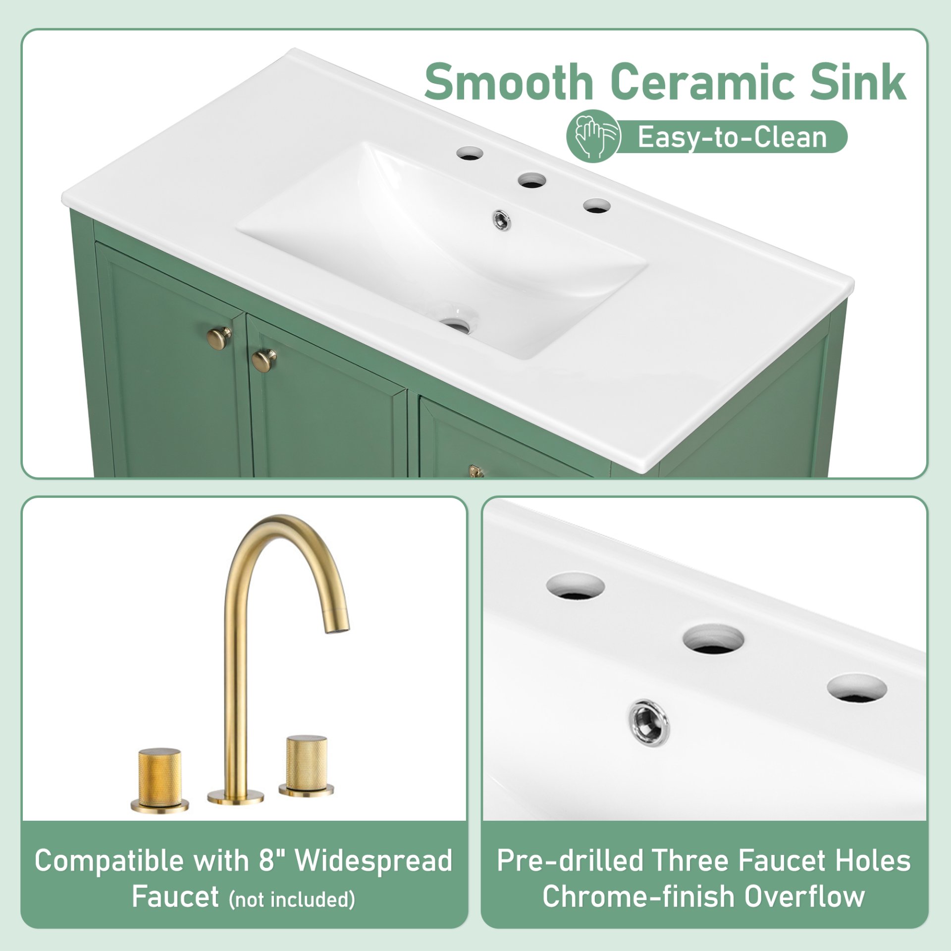 Elegant Vintage 36" Bathroom Vanity With Sink And Soft Closing Door, 4 Drawers Of Different Sizes Frame - Green - Image 6