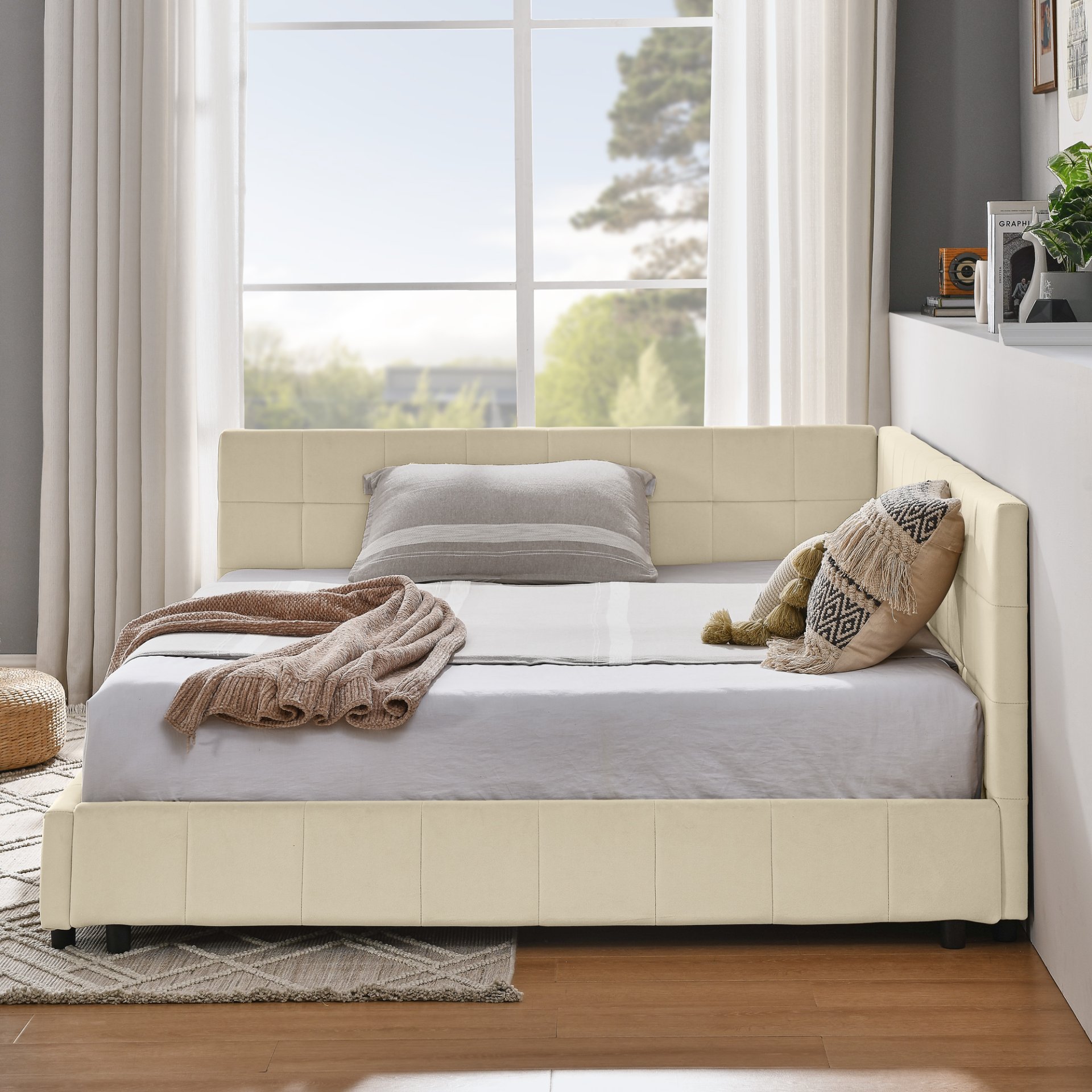 Mid Century Full Size Upholstered Tufted Bed Frame With Comfortable Backrest And Armrests Velvet - Beige - Image 6