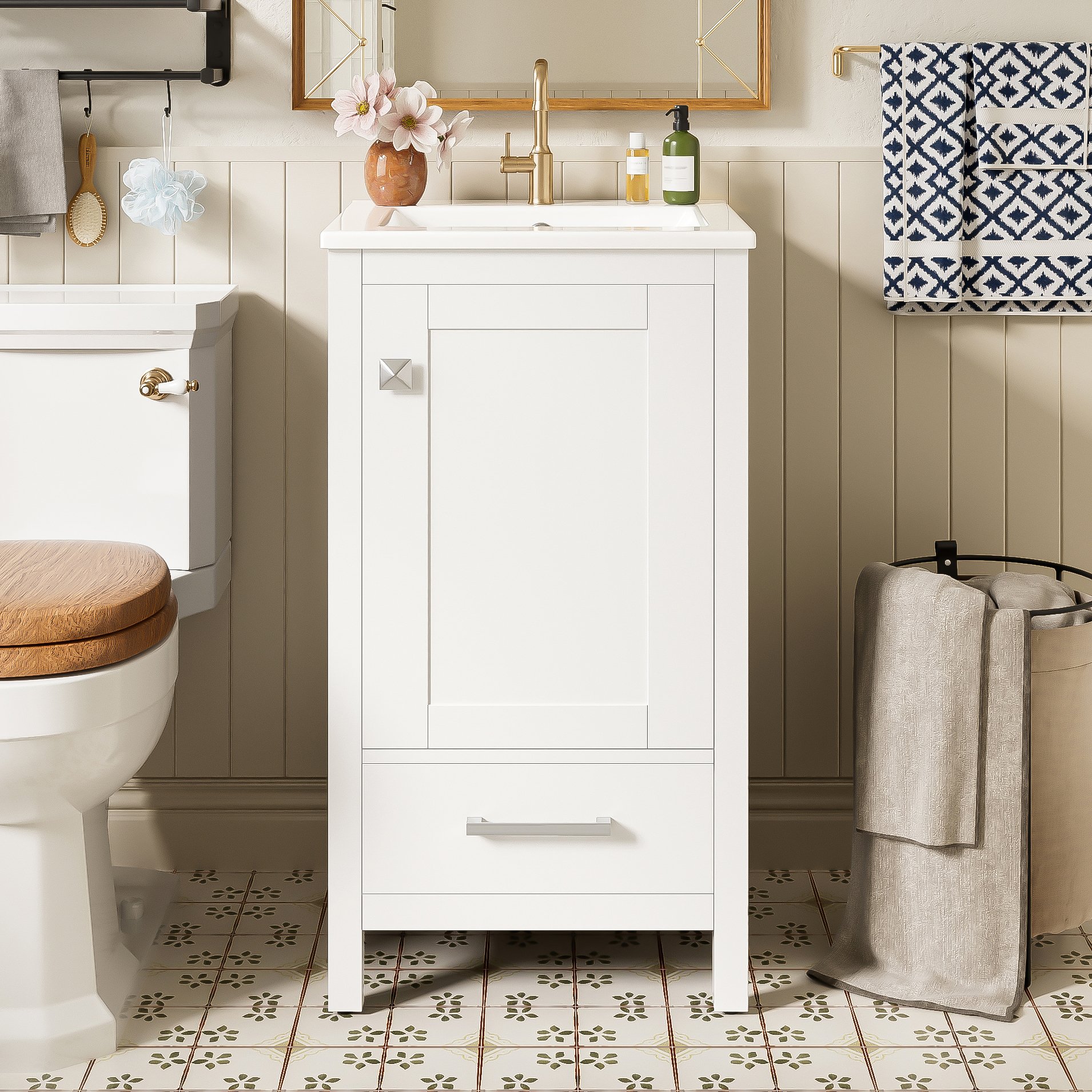 18" Bathroom Vanity With Sink, Soft Close Drawers, Door Organizer, Divider Drawer, Adjustable Foot Pads - White - Image 6