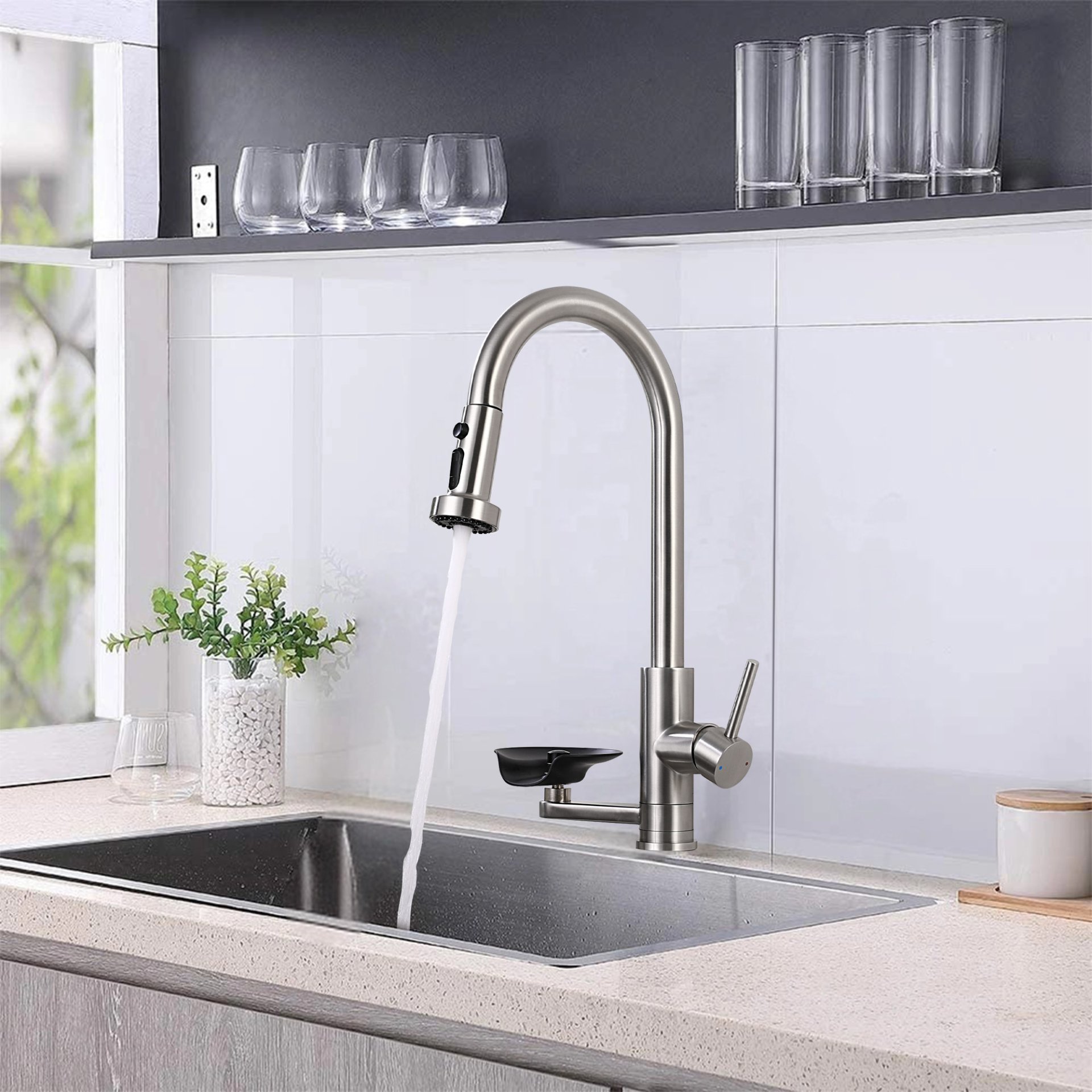 3 In 1 Kitchen Faucet With Press Type Glass Rinser, High Arc Pull Down Sprayer, 3 Function Spray Mode - Brushed Nickel - Image 2