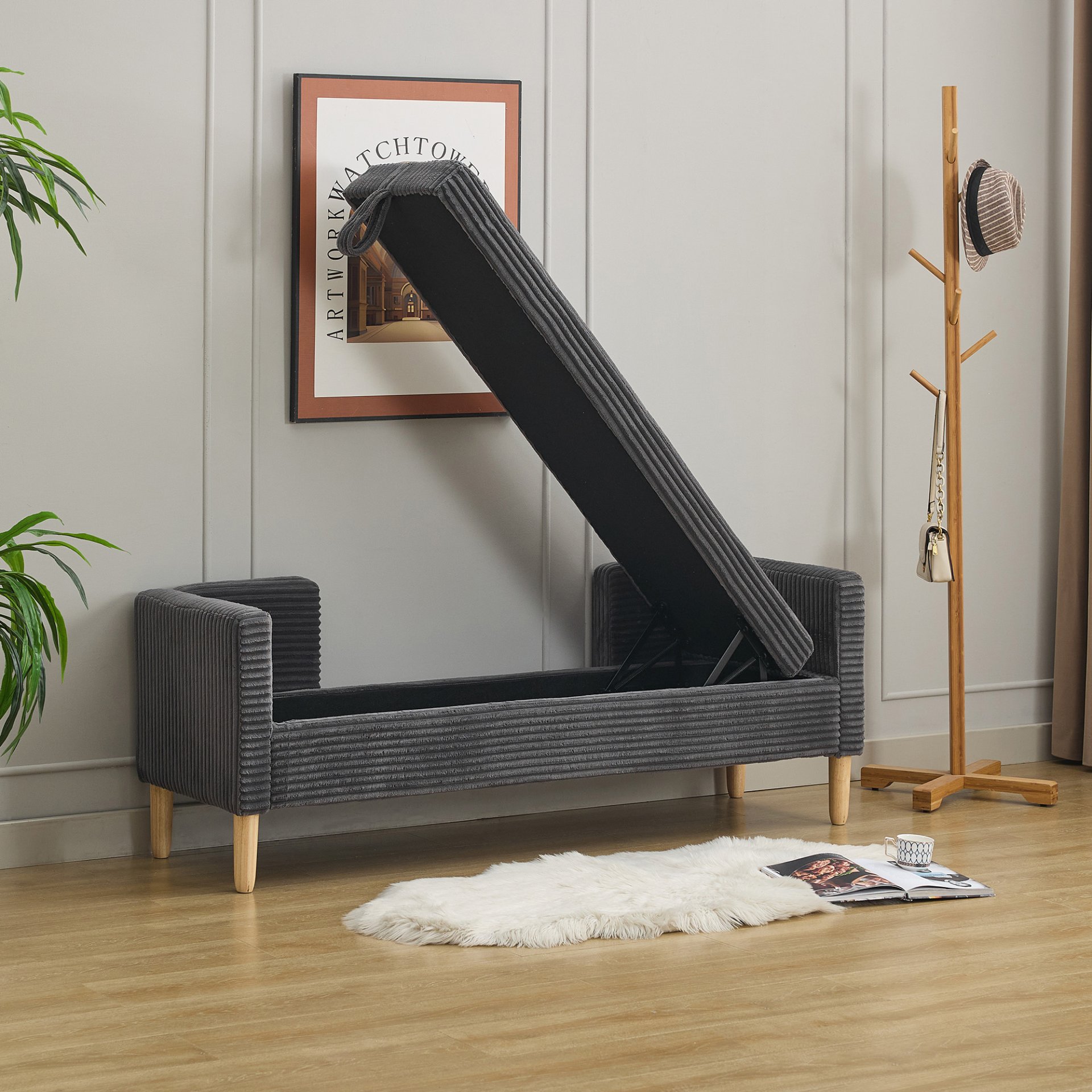 Storage Soft Bench With Armrests, Backrest And 2 Bolster Pillows For Living Room, Entryway And Bedroom - Charcoal - Image 7