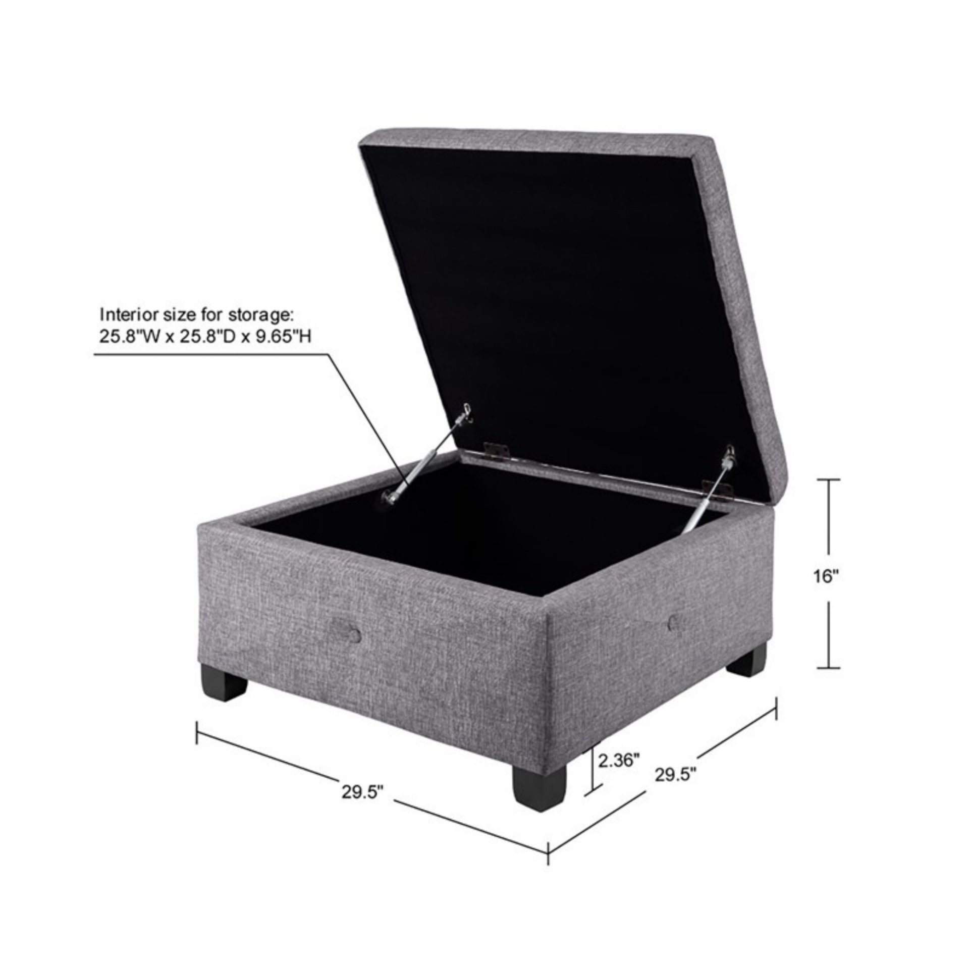 Aspen - Ottoman Soft Close Storage Charcoal Upholstered - Charcoal - Image 3