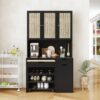 Kitchen Pantry Storage Cabinet, Modern Buffet Cabinet With Kitchen Cart, Tall Kitchen Hutch Cabinet With Microwave Stand, Food Pantry Cabinet With 3 Rattan Doors And Adjustable Shelves - Black - Image 4