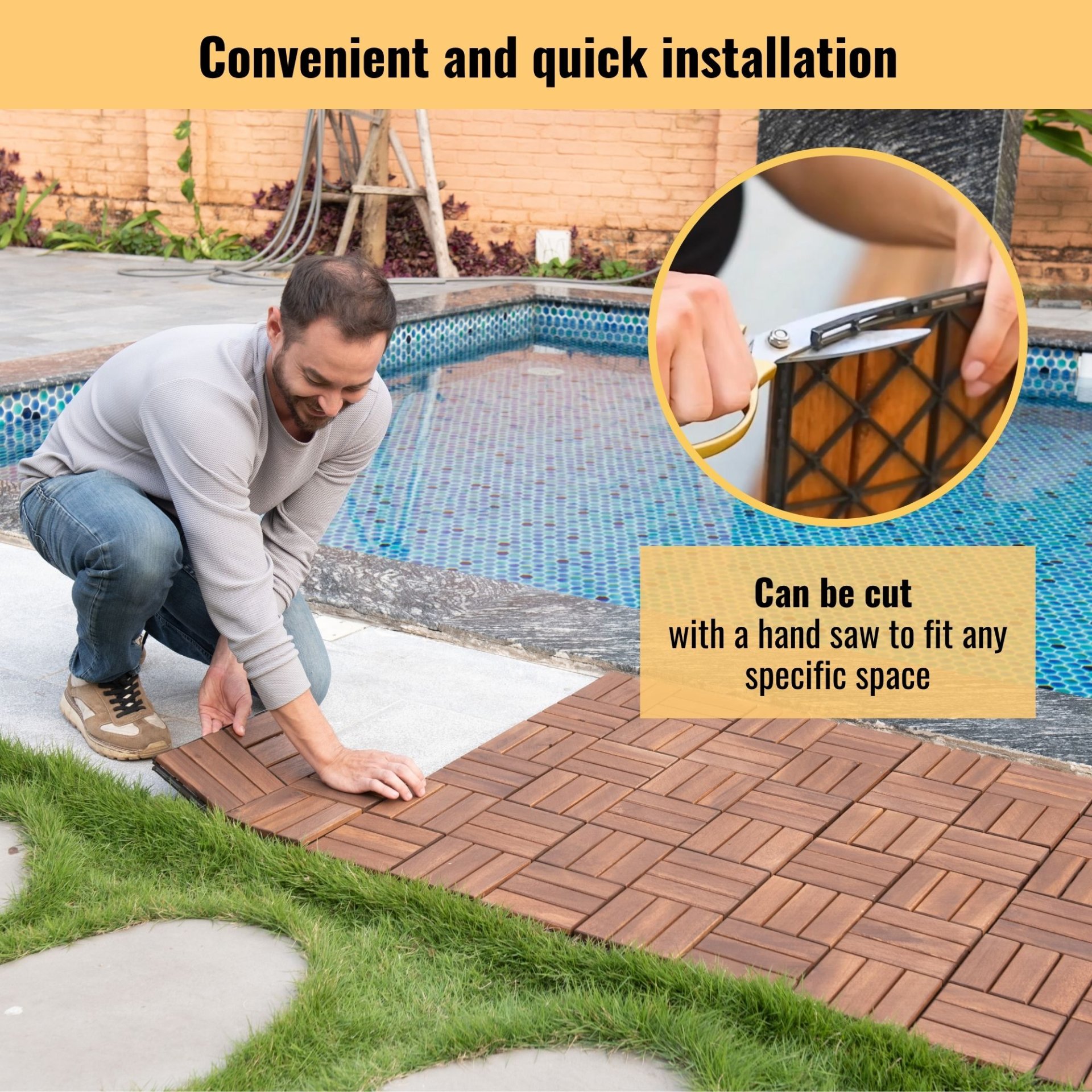 Acacia Wood Interlocking Deck Tiles Checker Pattern, 10 Piece Square Acacia Hardwood Outdoor Flooring For Patio, Bancony, Pool Side - Brown - Image 4