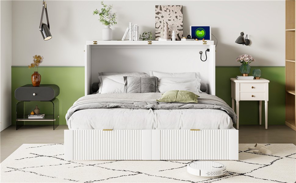 Full Size Murphy Bed With Drawer And A Set Of Sockets & USB Ports, Pulley Structure Design - White - Image 24