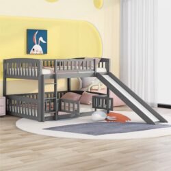 Full Over Full Low Bunk Bed With Slide, Fence And Ladder - Gray