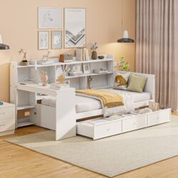 Twin Size Daybed With 3 Drawers USB Ports And Desk - White