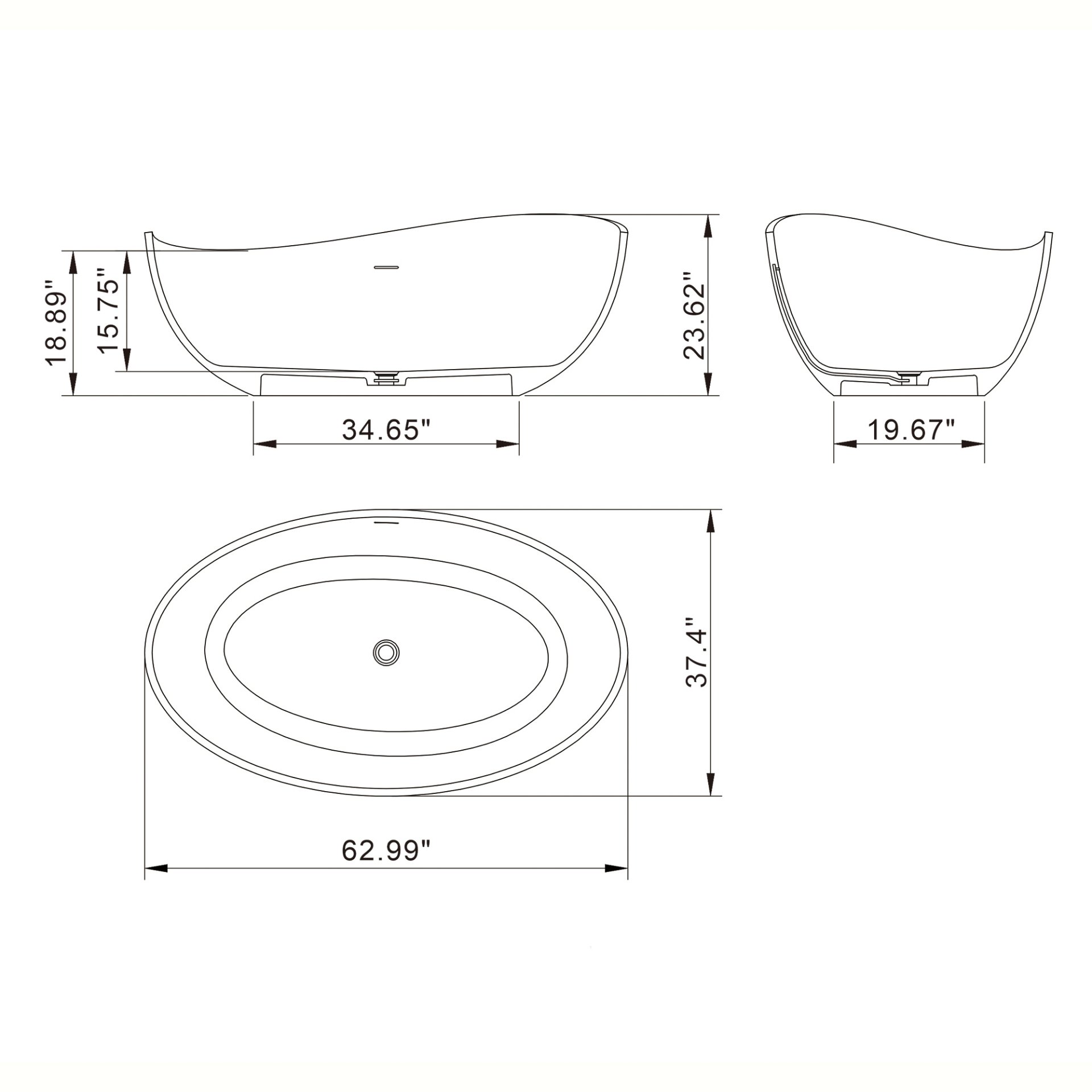 63" x 37.4" x 23.6" Freestanding Solid Surface Soaking Bathtub For Bathroom - Matte White - Image 12