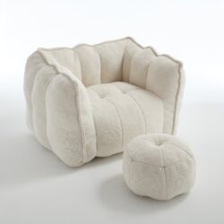 Soft Chenille Bean Bag Chair With High Resilient Foam For Living Room And Bedroom Comfortable Square Lazy Sofa With Footstool - Beige