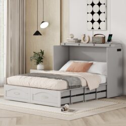 Full Size Murphy Wall Bed With Drawer And A Set Of Sockets & USB Ports, Pulley Structure Design - Gray