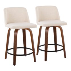 Toriano - Mid-Century Modern Fixed Height Counter Stool With Swivel And Round Footrest (Set of 2) - Walnut / Cream
