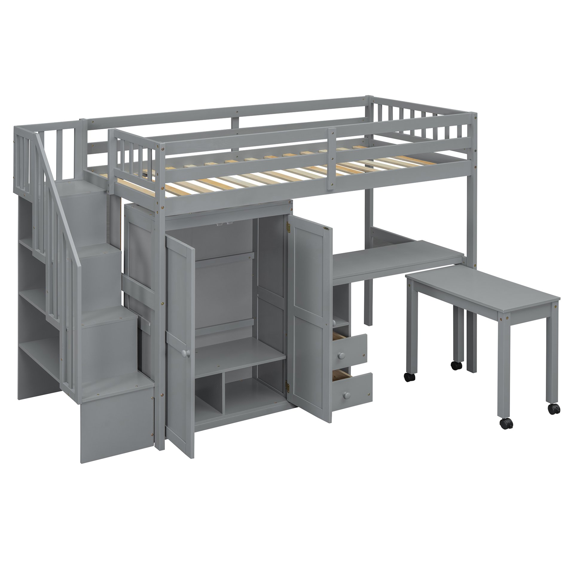 Twin Size Loft Bed With Stairs, Bookshelf, Drawers, Desk & Wardrobe, Space Saving Multifunctional Furniture - Gray - Image 13